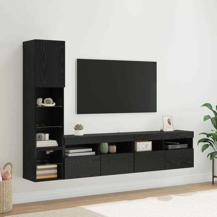 Unité murale de TV avec LED 4 pcs Chêne noir Bois d'ingénierie