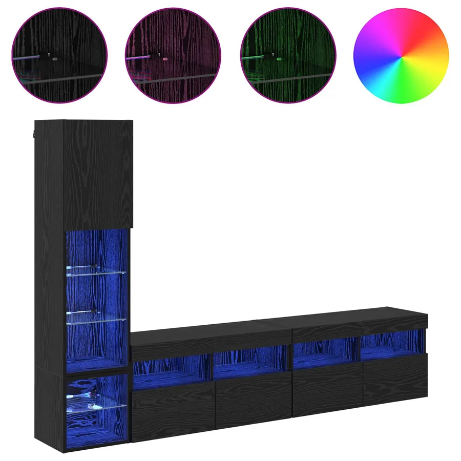 Unité murale de TV avec LED 4 pcs Chêne noir Bois d'ingénierie - 4