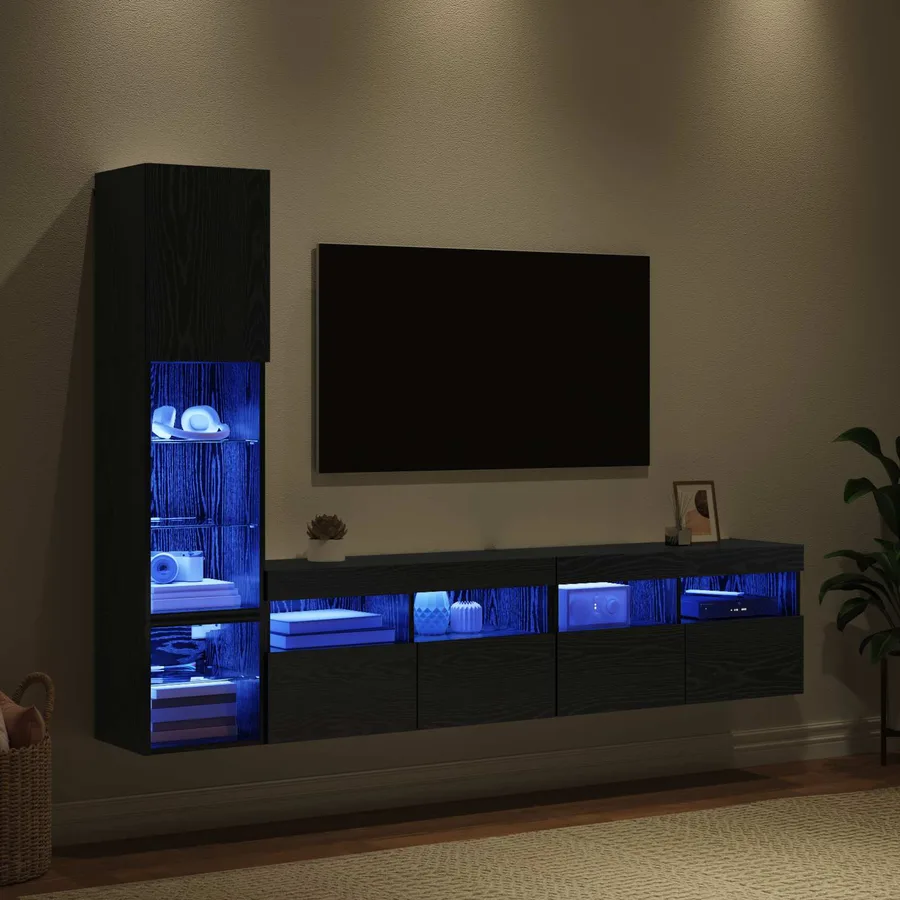 Unité murale de TV avec LED 4 pcs Chêne noir Bois d'ingénierie - 5