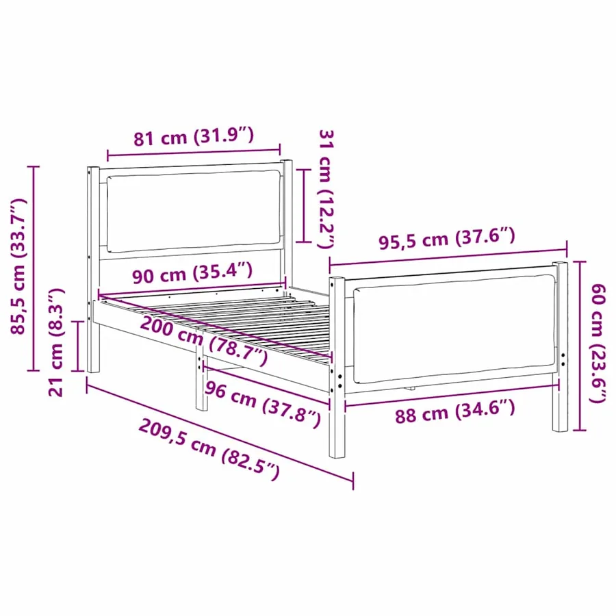 Cadre de lit avec tête de lit Gris foncé 90 x 200 cm tissu - 11