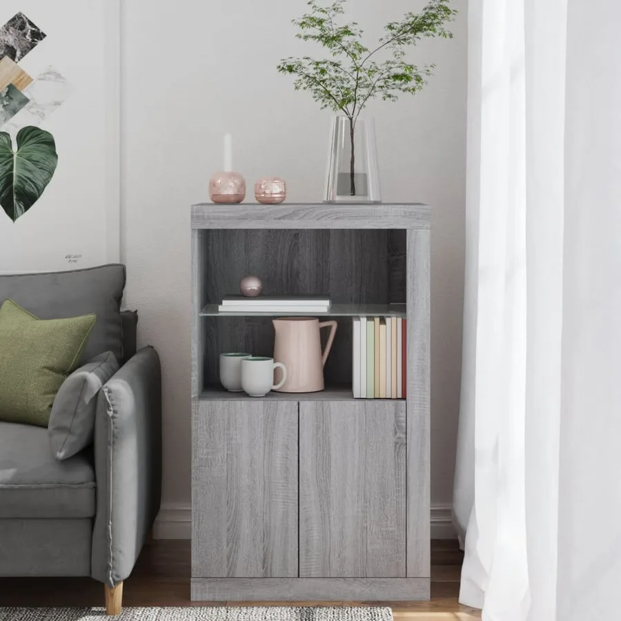 Armoire latérale et lumières LED sonoma gris bois d'ingénierie - 4