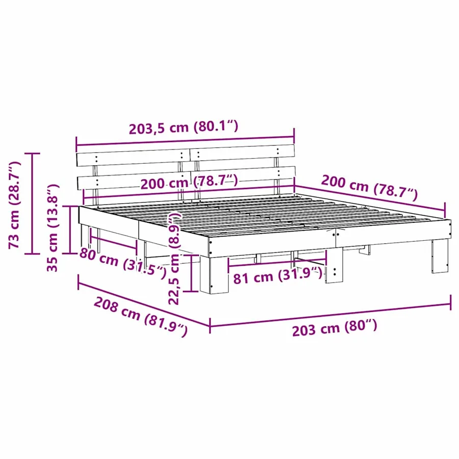 Cadre de lit avec tête de lit Brun cire 200 x 200 cm Pin massif - 10