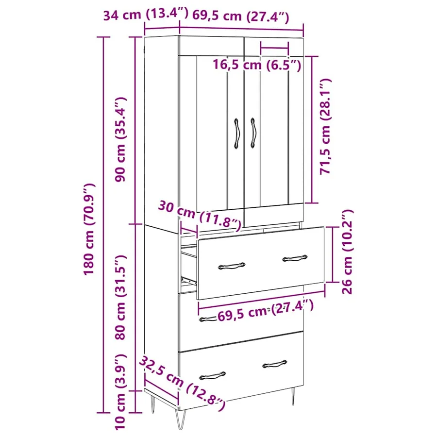 Haut Armoire Chêne noir 69,5 x 34 x 90 cm Bois d'ingénierie - 14