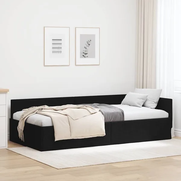 Cadre de lit d'angle avec tête de lit Noir 90 cm x 200 cm tissu