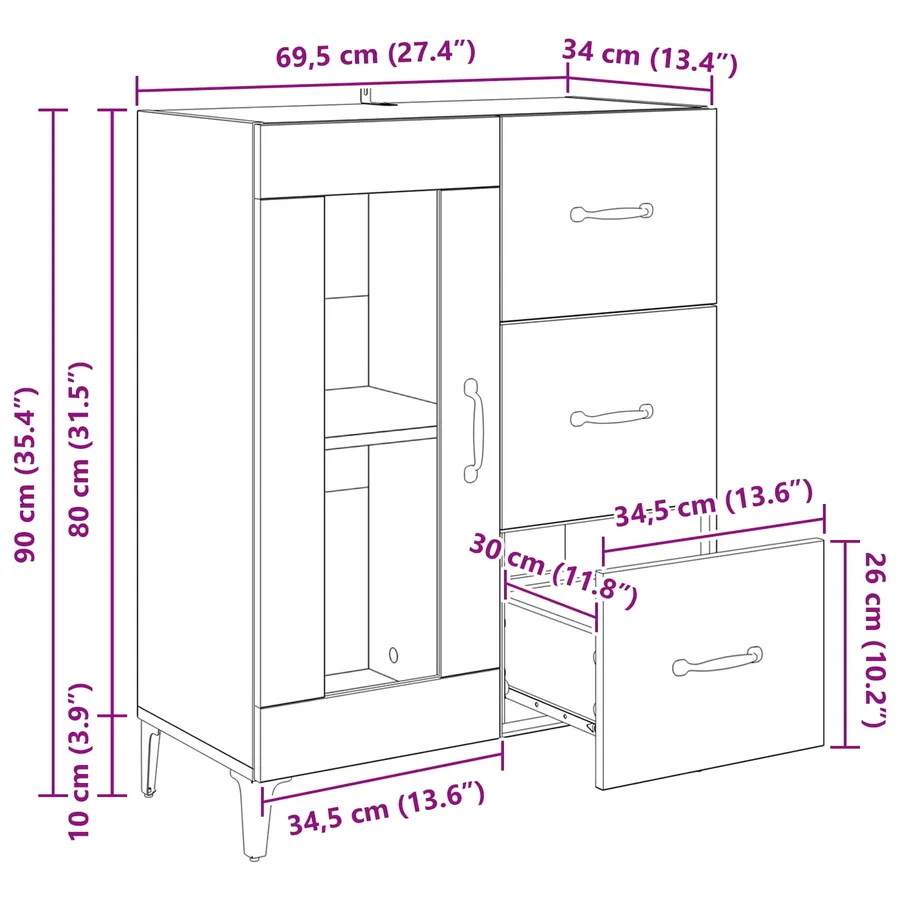 Buffet Chêne noir 69,5 x 34 x 90 cm Bois d'ingénierie et fer - 13