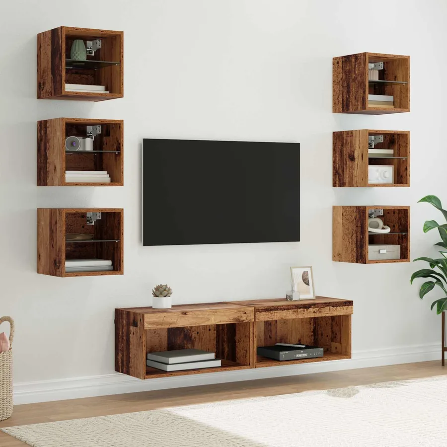 Meuble TV avec des lumières à LED 8 pcs Bois Ancien Verre