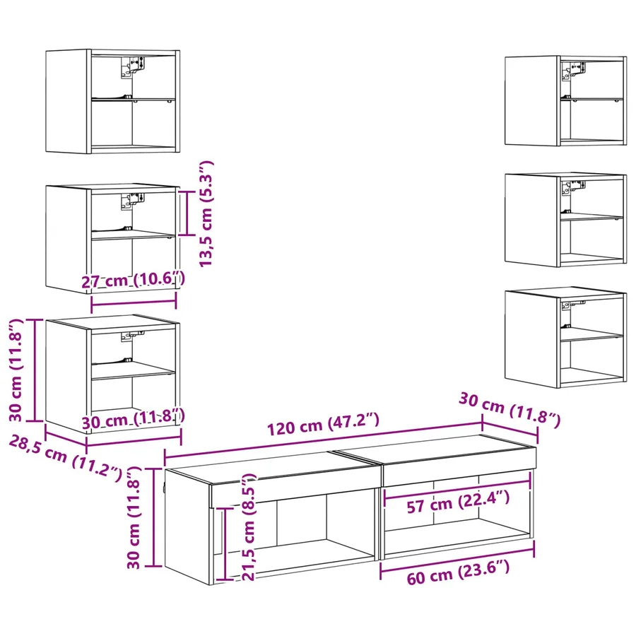 Meuble TV avec des lumières à LED 8 pcs Bois Ancien Verre - 13