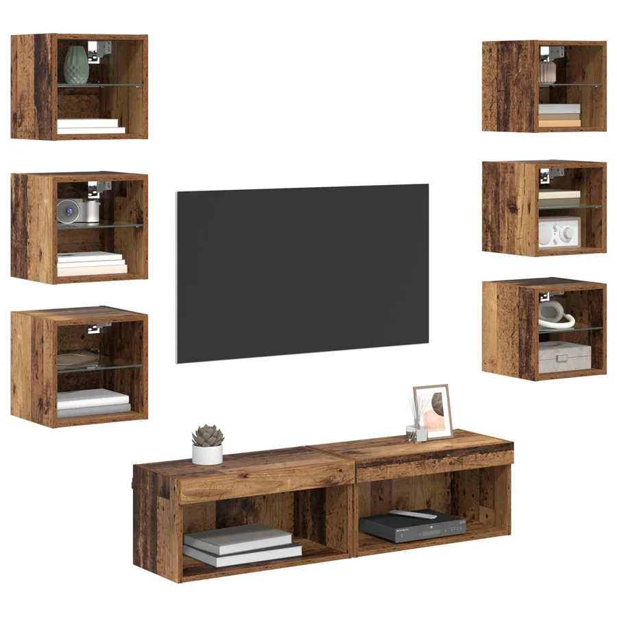 Meuble TV avec des lumières à LED 8 pcs Bois Ancien Verre - 3