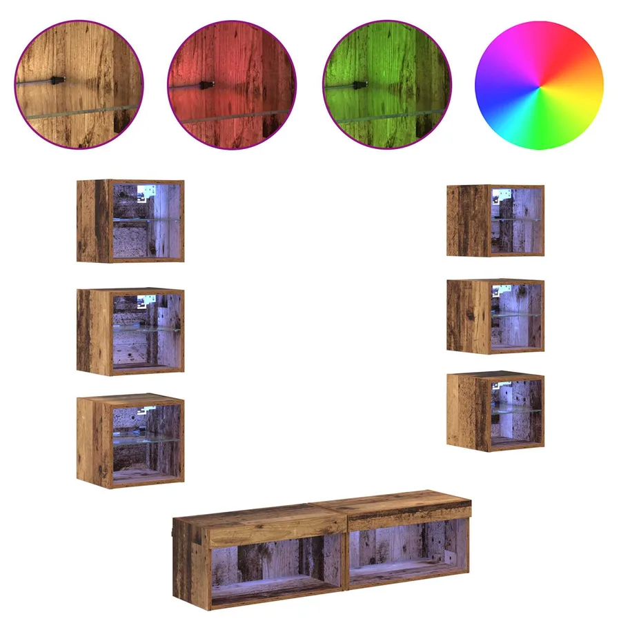 Meuble TV avec des lumières à LED 8 pcs Bois Ancien Verre - 4