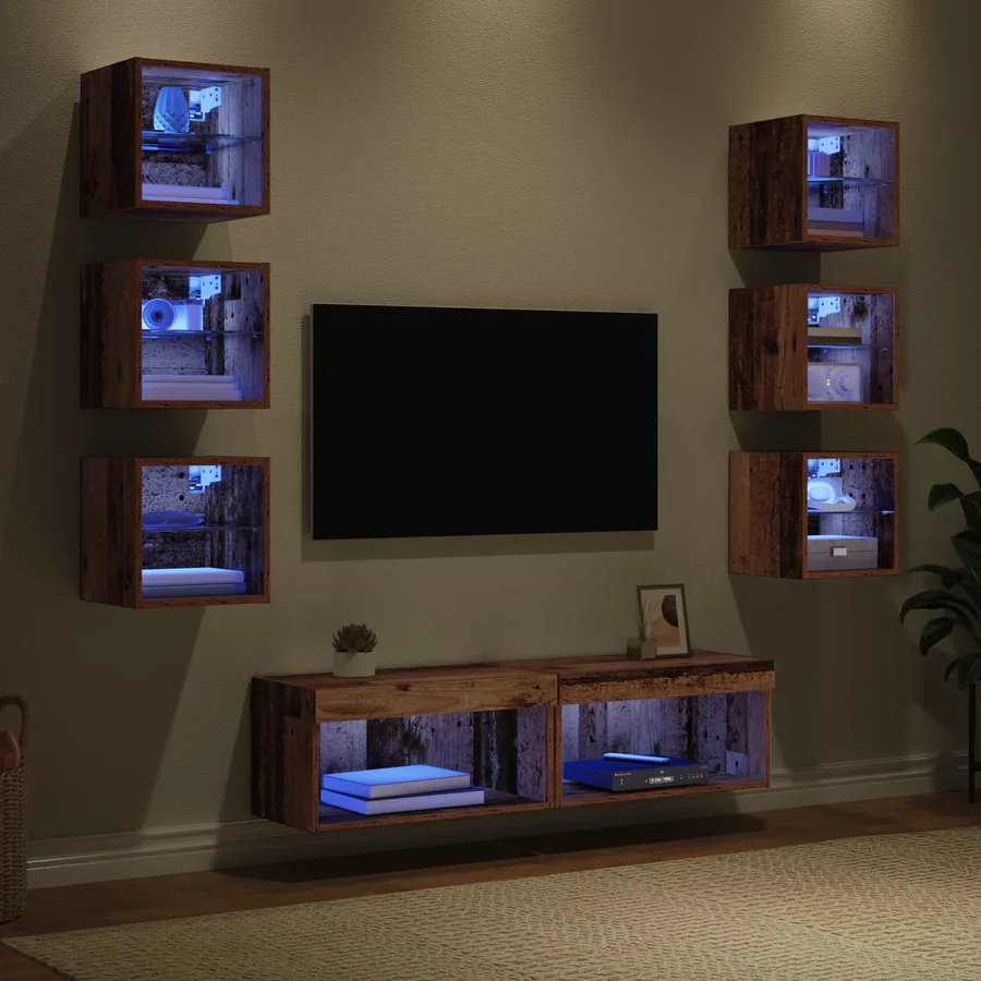 Meuble TV avec des lumières à LED 8 pcs Bois Ancien Verre - 5