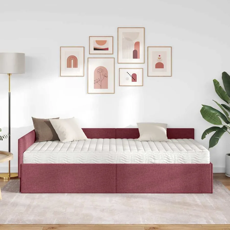 Cadre de lit d'angle avec matelas Autre 2 pcs Rouge tissu - 3