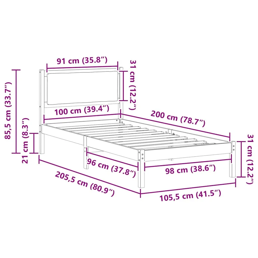 Cadre de lit avec tête de lit Taupe 100 x 200 cm Pin massif - 11