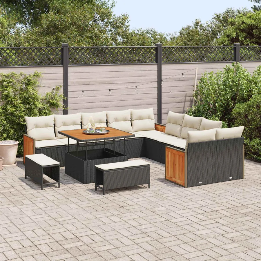 Ensemble de canapé de jardin avec coussin 13 pcs Noir et Crème - 3