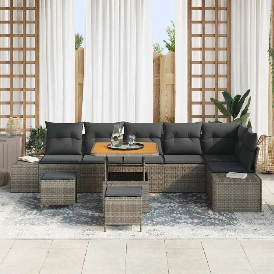 Ensemble de canapé de jardin avec coussin 9 pcs Gris Poly rotin - 3