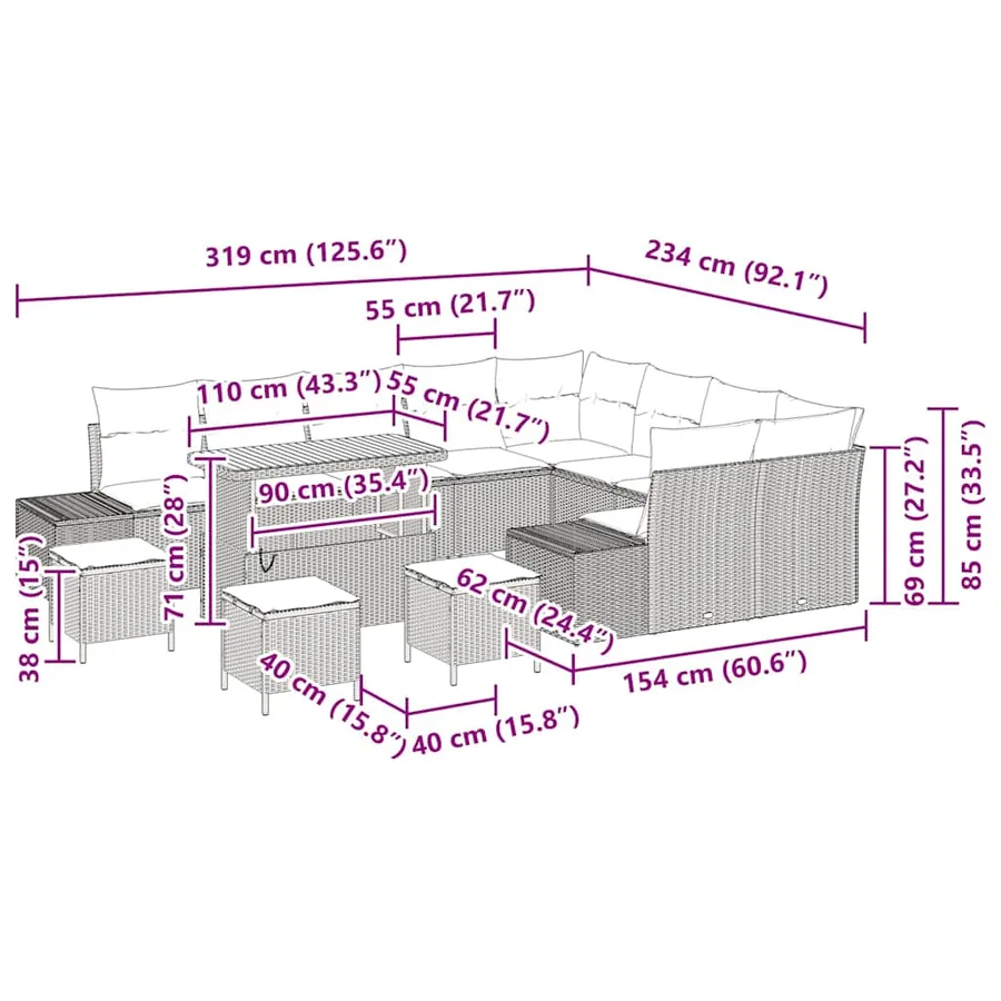 Ensemble de canapé de jardin 13 pcs Noir Poly rotin - 14