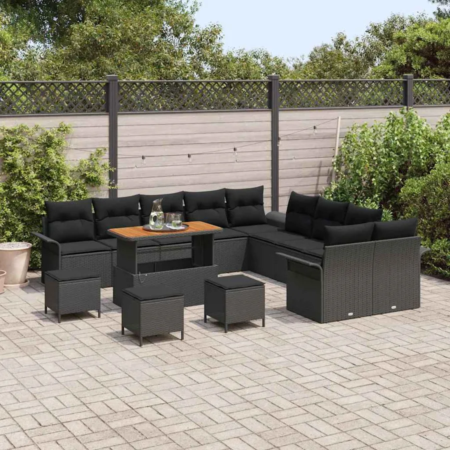 Ensemble de canapé de jardin avec coussin 14 pcs Noir polyrotin - 3