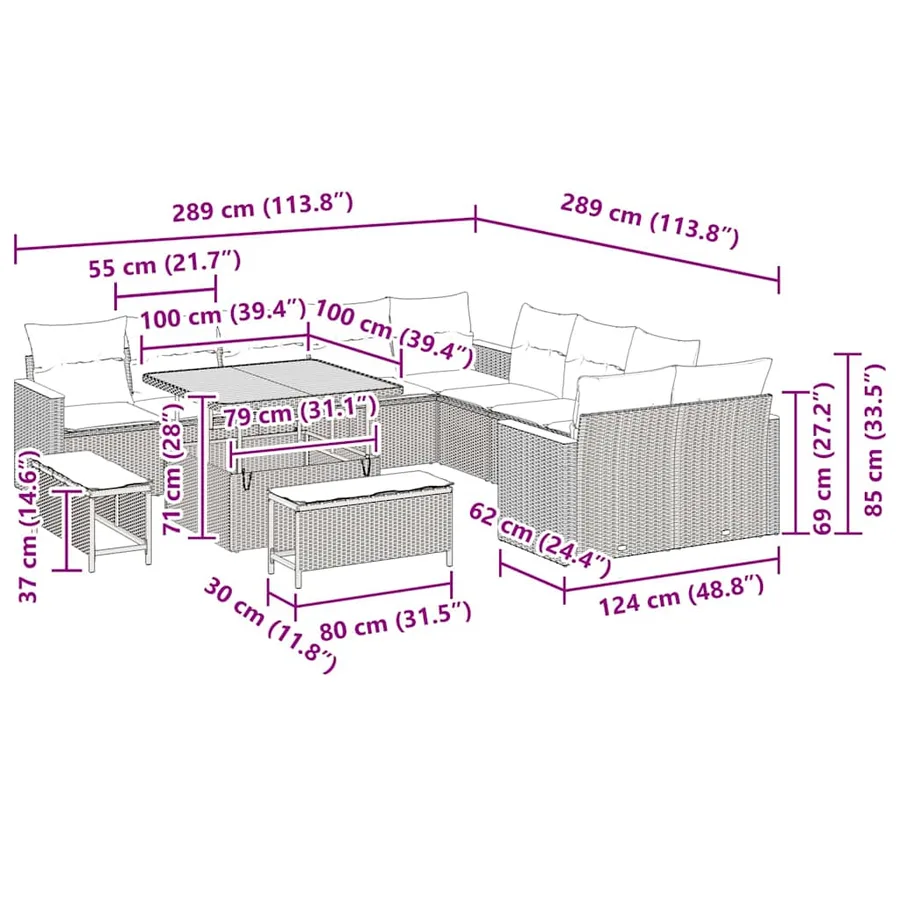 Ensemble de canapé de jardin avec coussin 13 pcs Noir polyrotin - 15