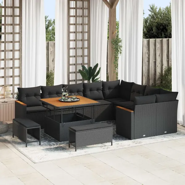 Ensemble de canapé de jardin 12 pcs Noir Poly Rattan