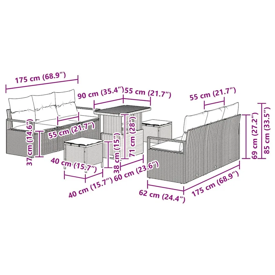 Ensemble de canapé de jardin avec coussin 9 pcs Gris polyrotin - 12