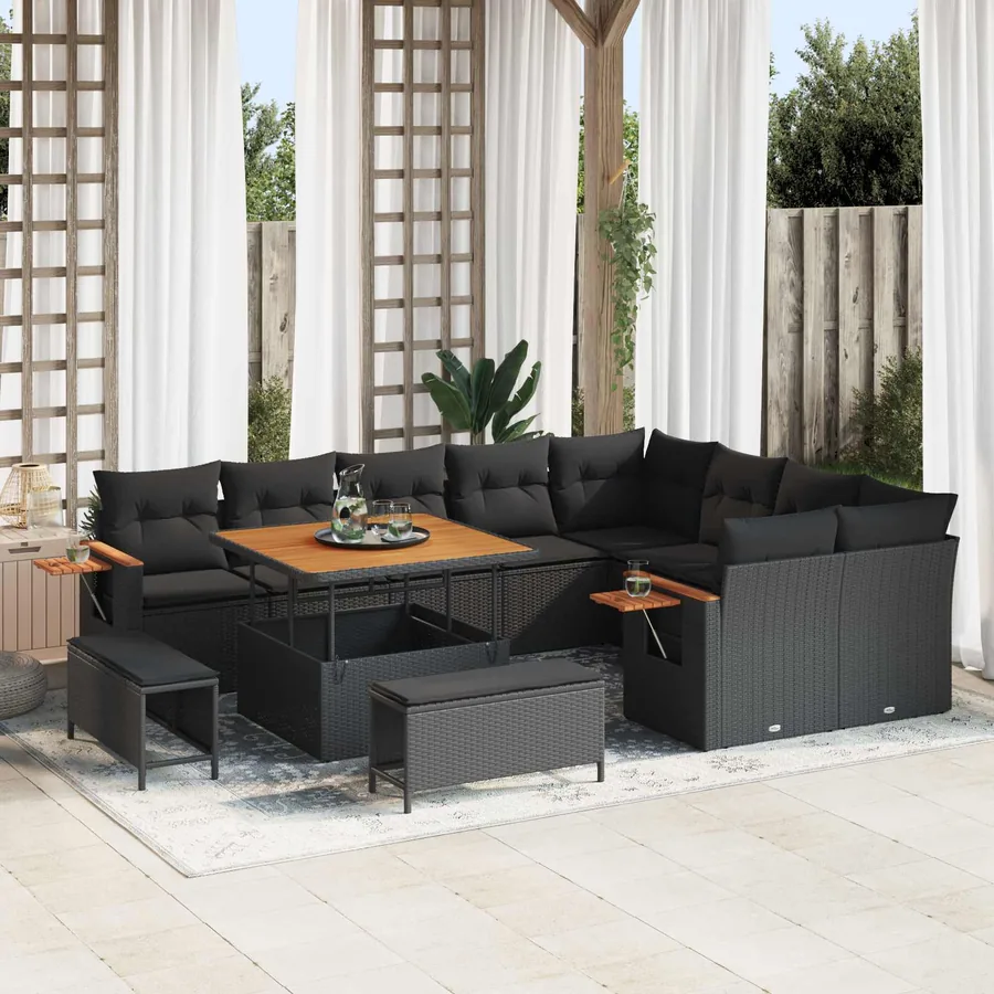 Ensemble de canapé de jardin avec coussin 13 pcs Noir polyrotin