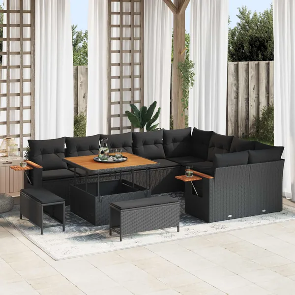 Ensemble de canapé de jardin avec coussin 13 pcs Noir polyrotin