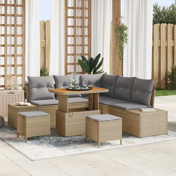 Ensemble de canapé de jardin avec coussin 8 pcs Beige polyrotin