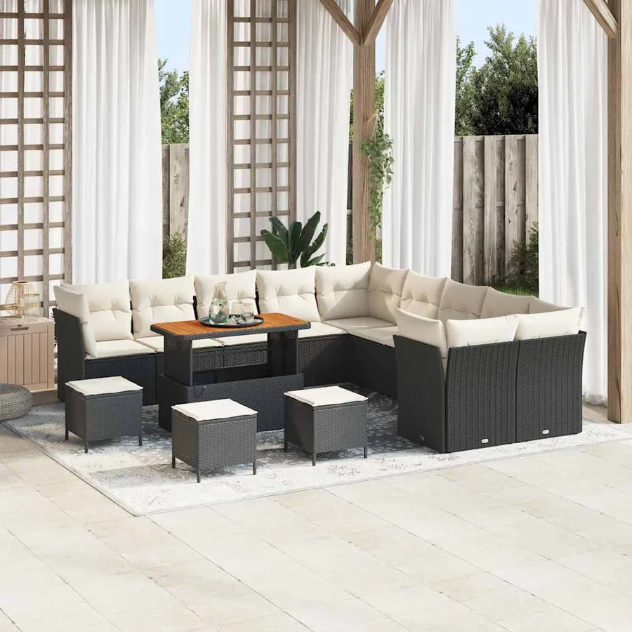 Ensemble de canapé de jardin 14 pcs Noir et Crème polyrotin