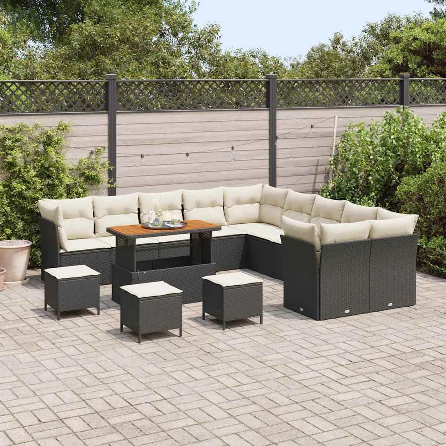 Ensemble de canapé de jardin 14 pcs Noir et Crème polyrotin - 3