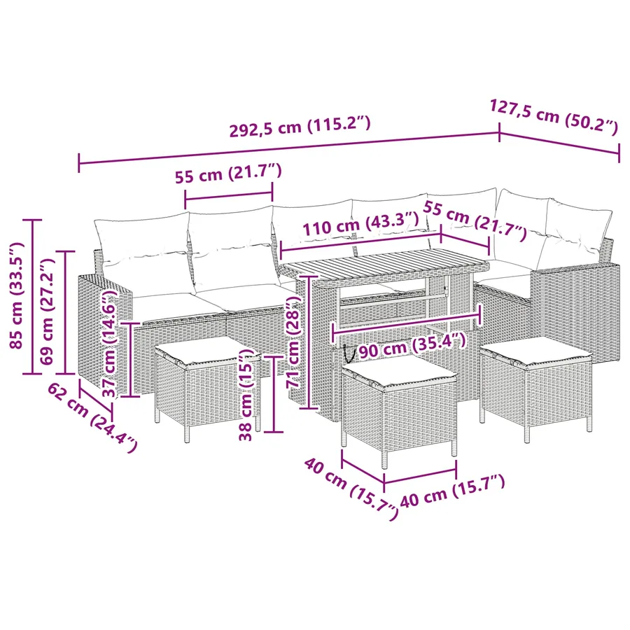 Ensemble de canapé de jardin avec coussin 12 pcs Noir polyrotin - 14