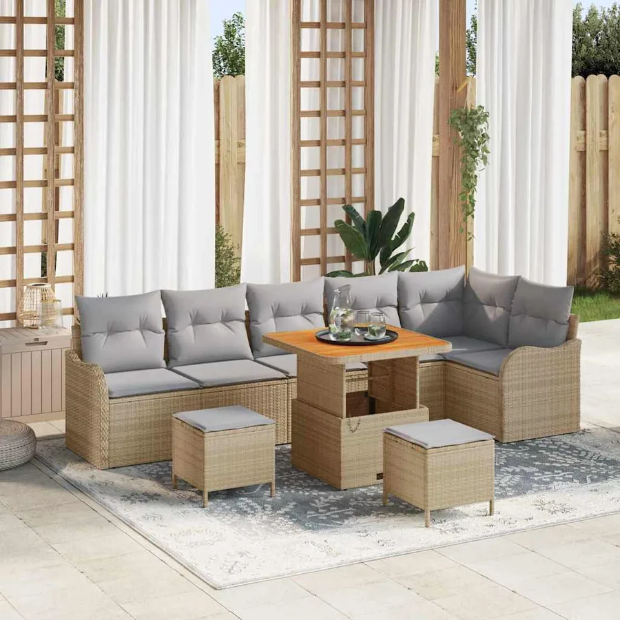 Ensemble de canapé de jardin avec coussin 9 pcs Beige polyrotin
