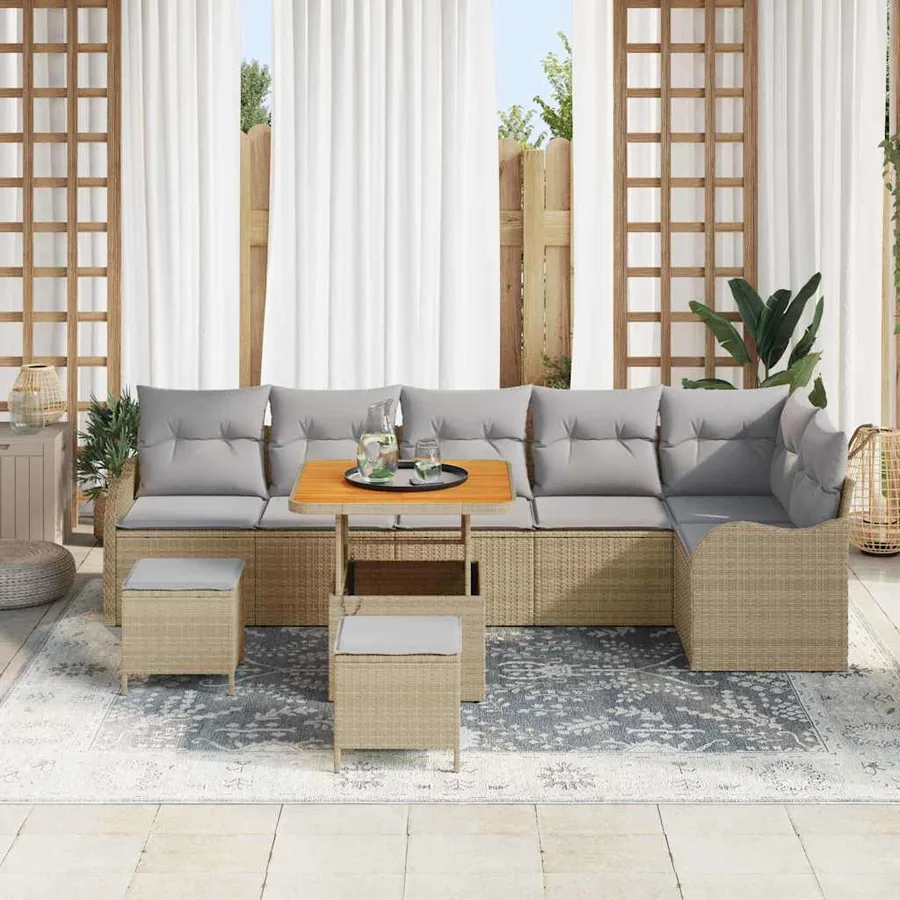 Ensemble de canapé de jardin avec coussin 9 pcs Beige polyrotin - 3