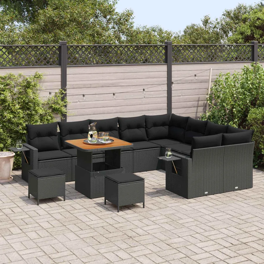 Ensemble de canapé de jardin avec coussin 12 pcs Noir polyrotin - 3