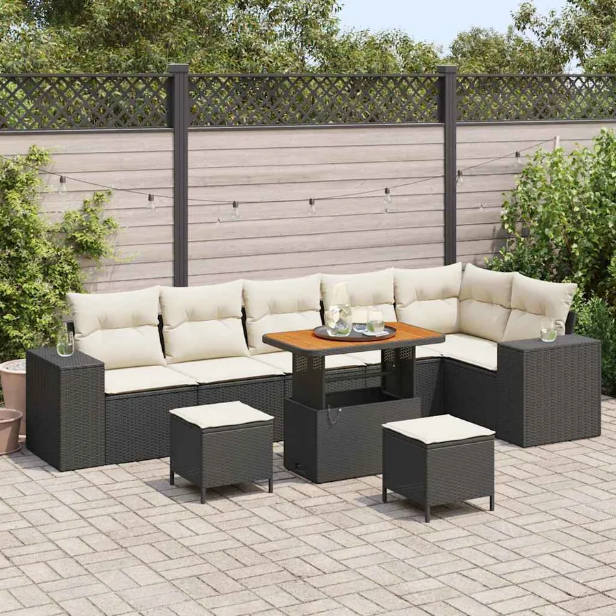 Ensemble de canapé de jardin 9 pcs Noir et Crème polyrotin