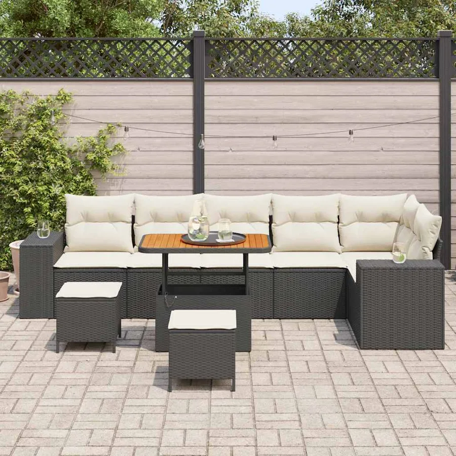 Ensemble de canapé de jardin 9 pcs Noir et Crème polyrotin - 3