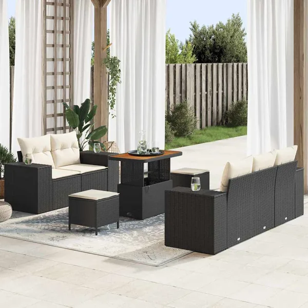 Ensemble de canapé de jardin 8 pcs Noir et Crème Poly Rattan