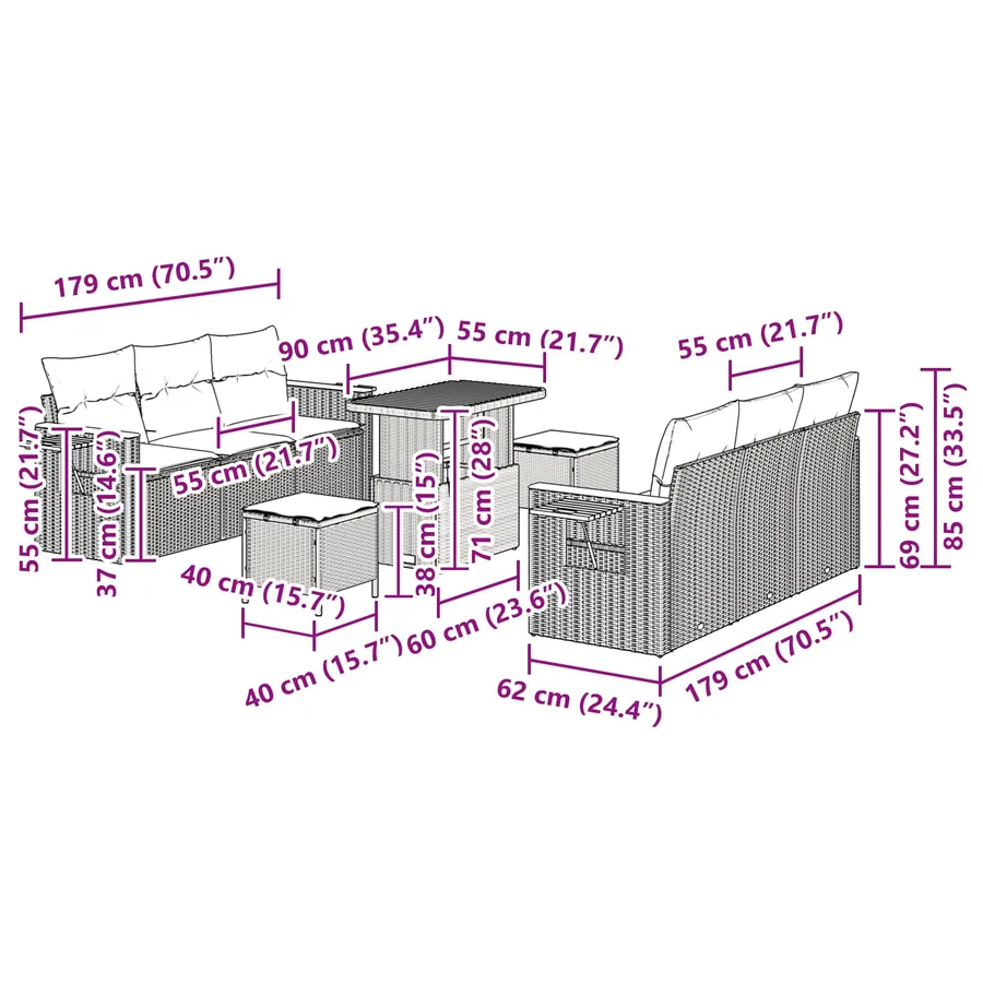 Ensemble de canapé de jardin avec coussin 11 pcs Noir polyrotin - 16