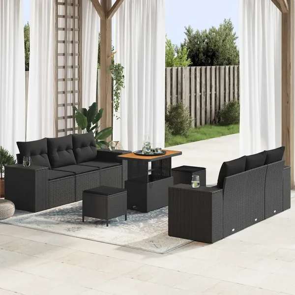 Ensemble de canapé de jardin 9 pcs Noir Poly Rattan