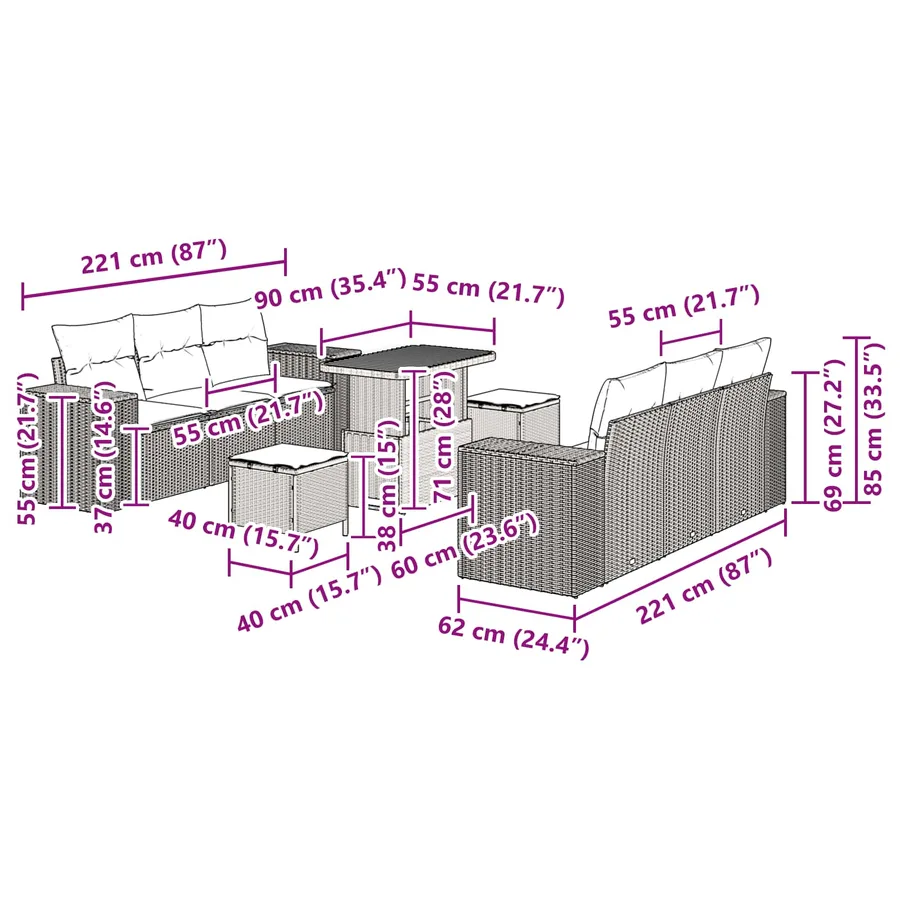 Ensemble de canapé de jardin 9 pcs Noir Poly Rattan - 15