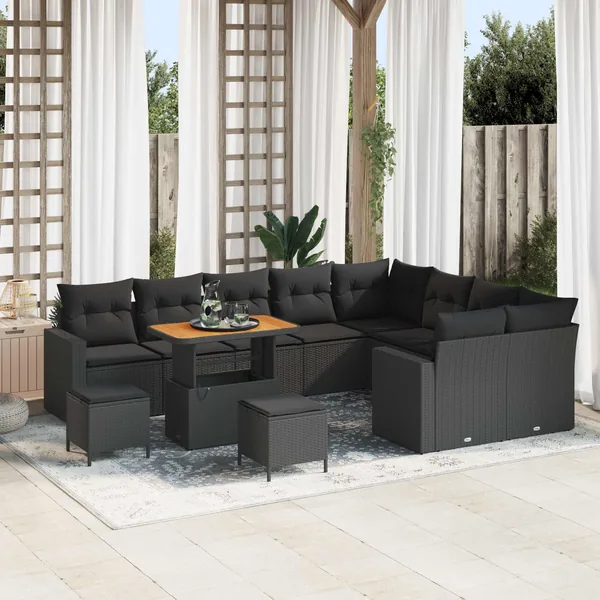Ensemble de canapé de jardin avec coussin 13 pcs Noir polyrotin