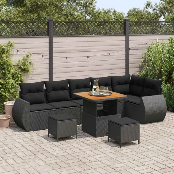 Ensemble de canapé de jardin 9 pcs Noir Poly Rattan