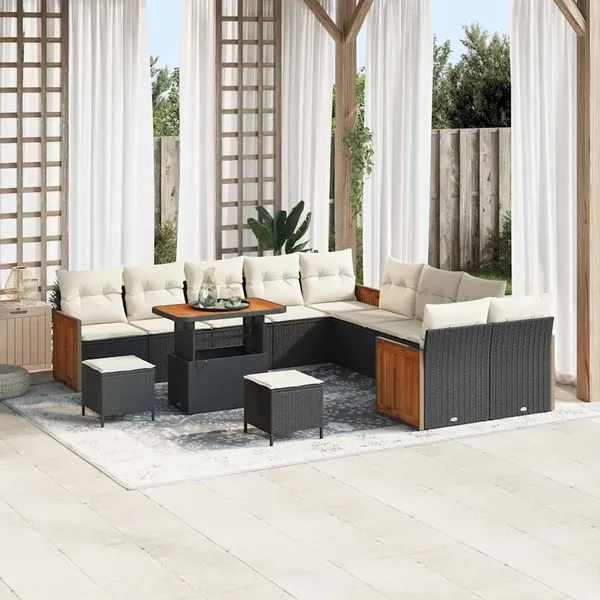 Ensemble de canapé de jardin 17 pcs Noir et Crème polyrotin