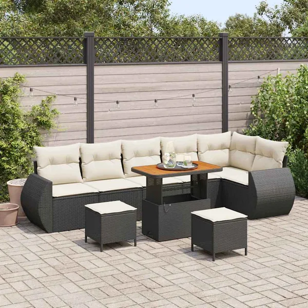 Ensemble de canapé de jardin 9 pcs Noir et Crème Poly Rattan