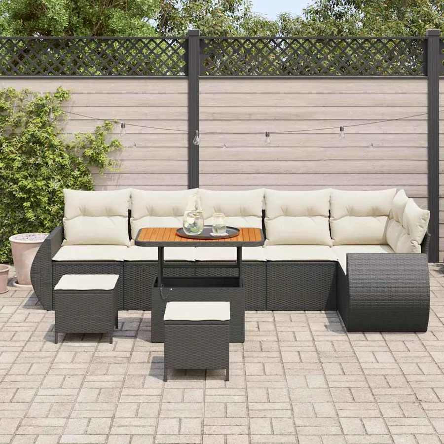 Ensemble de canapé de jardin 9 pcs Noir et Crème Poly Rattan - 3