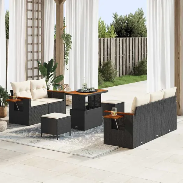 Ensemble de canapé de jardin 10 pcs Noir et Crème polyrotin