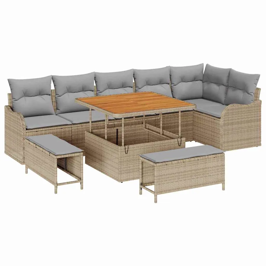 Ensemble de canapé de jardin avec coussin 9 pcs Beige polyrotin - 2