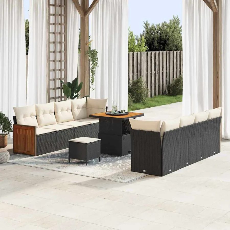 Ensemble de canapé de jardin 12 pcs Noir et Crème polyrotin