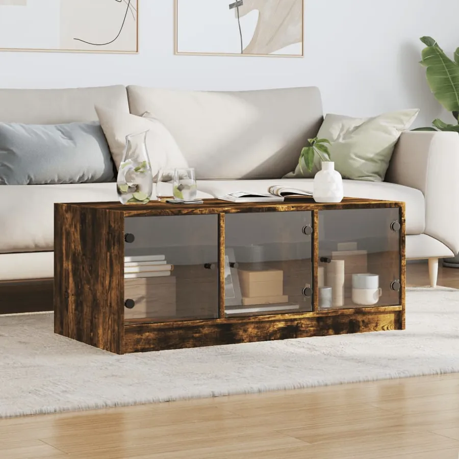Table basse avec portes en verre chêne fumé 102x50x42 cm - 3