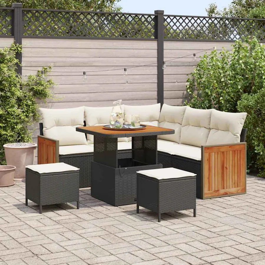 Ensemble de canapé de jardin 9 pcs Noir et Crème polyrotin
