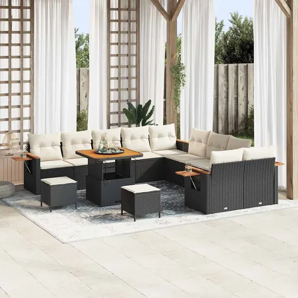 Ensemble de canapé de jardin 17 pcs Noir et Crème polyrotin