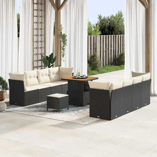 Ensemble de canapé de jardin 11 pcs Noir et Crème polyrotin